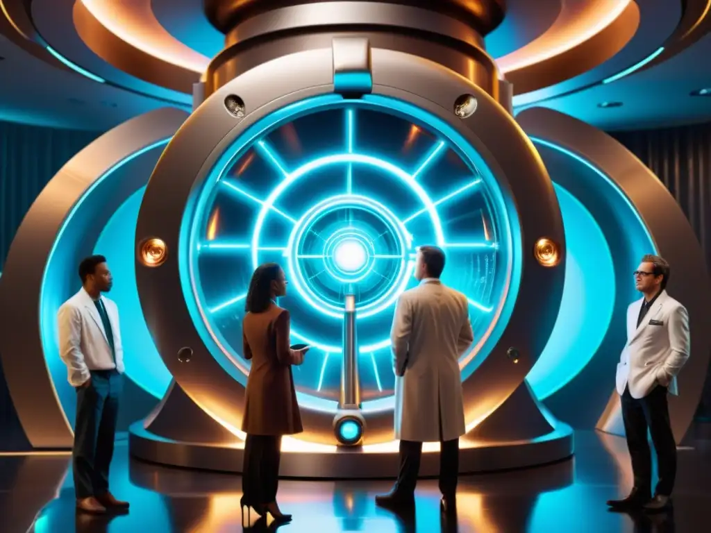 Viaje en el tiempo: científicos y máquina futurista Un grupo de científicos rodea una máquina del tiempo futurista con vortex de energía