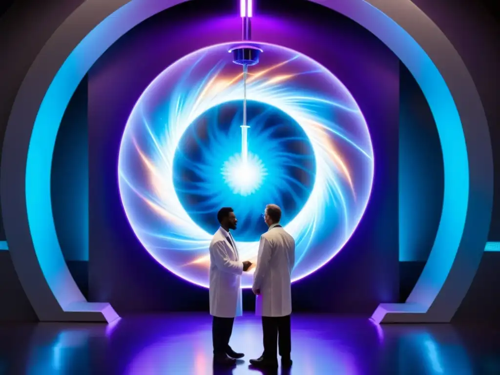 Descubrimiento cuántico: científicos frente al portal Un grupo de científicos observa maravillado un portal futurista, rodeado de energía luminosa