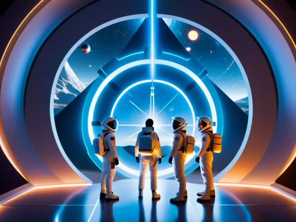 Exploración Interdimensional: Científicos en Portal Cósmico Un grupo de científicos multidisciplinarios se reúnen alrededor de un portal brillante y otro mundo, con ecuaciones interdimensionales flotando a su alrededor