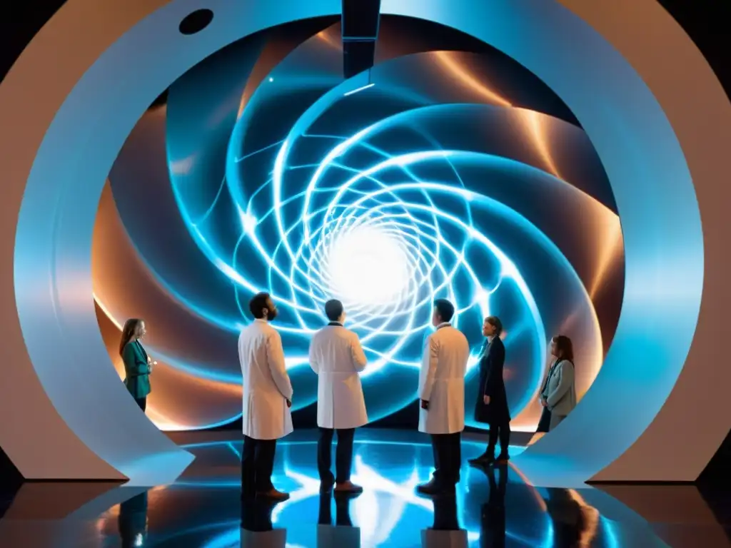 Portal interdimensional: científicos en la vanguardia Un grupo de científicos observa un portal brillante que se abre hacia un vórtice
