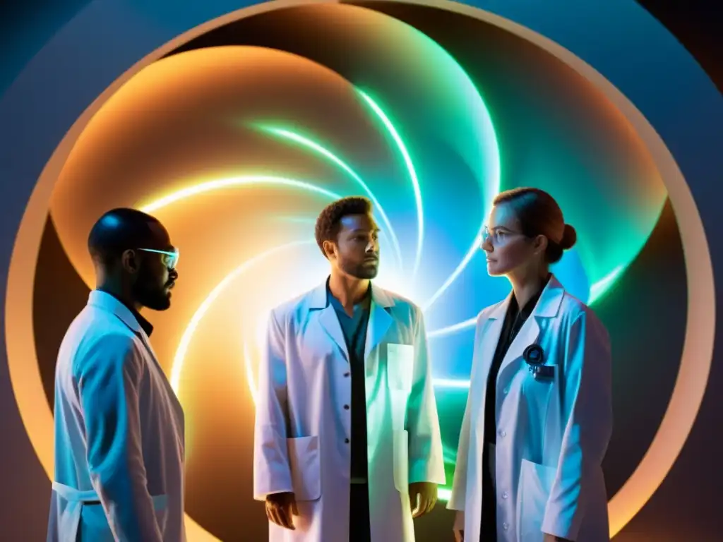 Descubrimiento interdimensional: Científicos observan portal dimensional Un grupo de científicos observa un portal brillante con tecnología futurista y energía giratoria, representando viajes interdimensionales