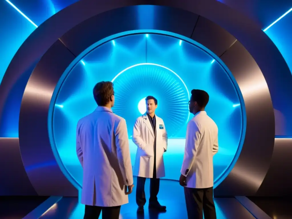 Descubriendo dimensiones: científicos frente al portal interdimensional Un grupo de científicos rodea un portal brillante, cautivados por la posibilidad de encuentros éticos en versiones interdimensionales