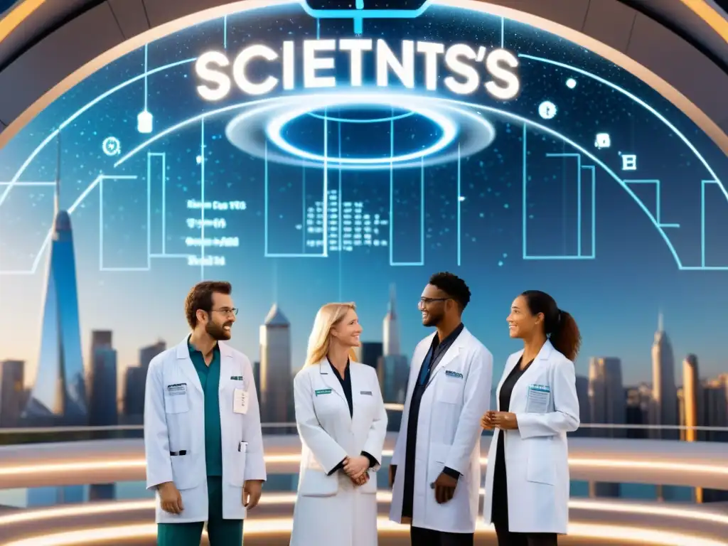 Portal dimensional: descubriendo nuevas fronteras Un grupo de científicos observa un portal dimensional, con ecuaciones flotando a su alrededor y una ciudad futurista al otro lado