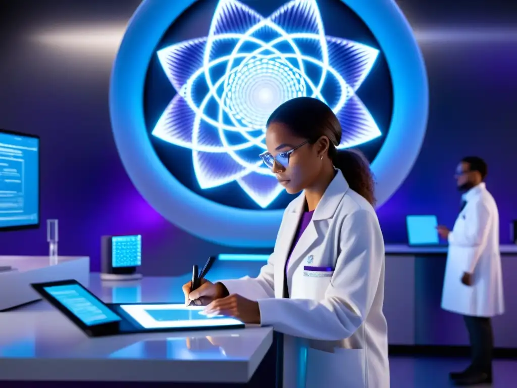Portal futurista: Científicos observan energía misteriosa Grupo de científicos observando un portal futurista brillante con energía azul y púrpura en un laboratorio de alta tecnología
