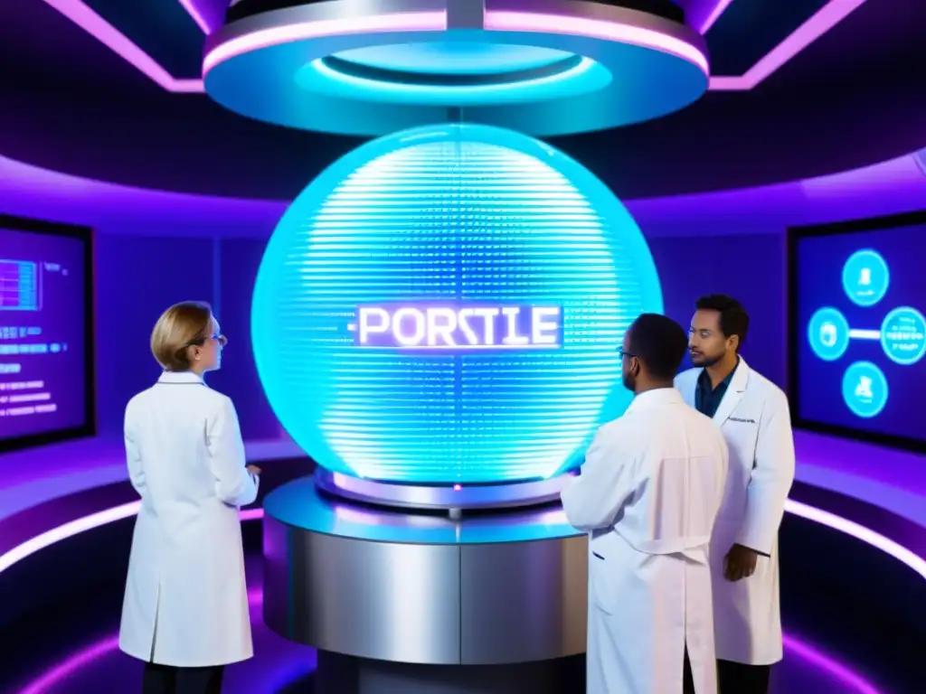 Portal interdimensional revolucionario: científicos emocionados Grupo de científicos observando un portal interdimensional, con luces azules y púrpuras brillantes