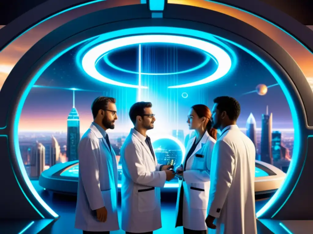 Portal interdimensional: científicos preparándose para lo desconocido Grupo de científicos ajustando el portal interdimensional, con destellos eléctricos y un resplandor en la ciudad del otro lado
