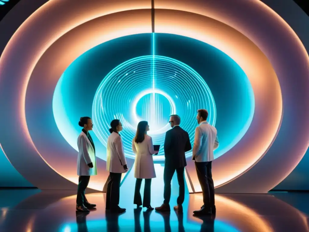 Grupo de científicos explorando un portal interdimensional en un laboratorio futurista