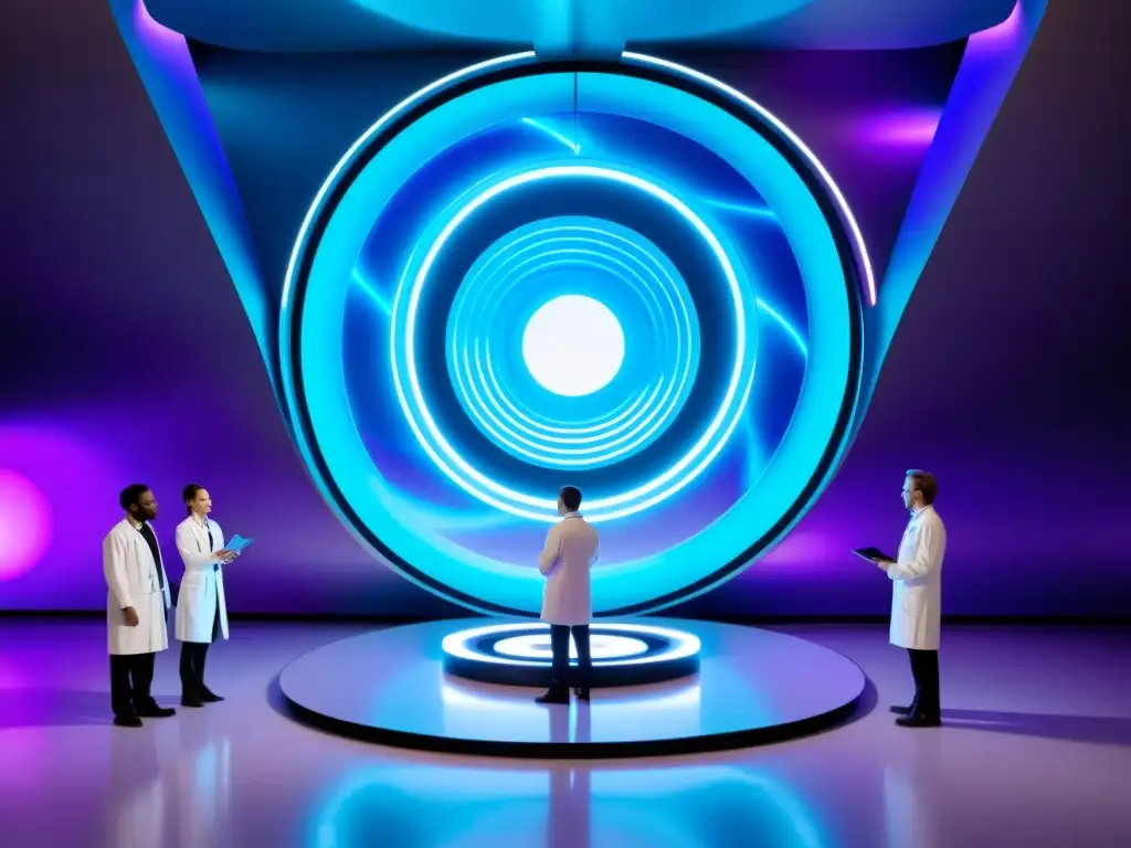 Portal interdimensional: científicos exploran nuevo mundo Grupo de científicos estudian portal interdimensional con energía azul y paisaje alienígena
