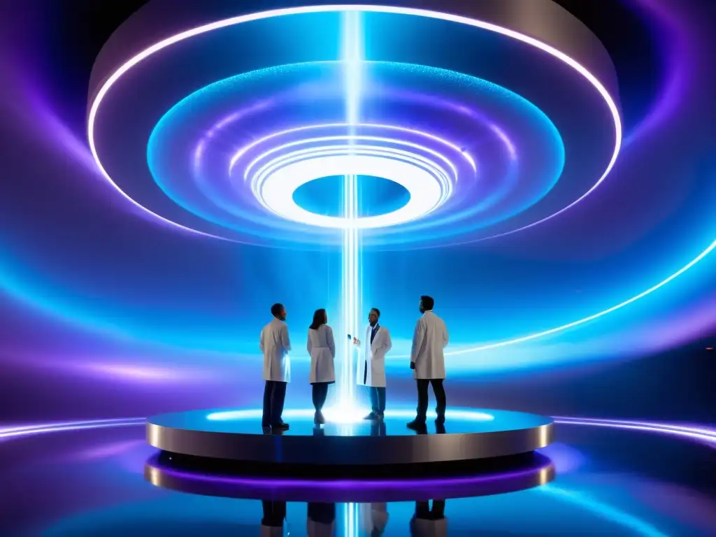 Un grupo de científicos descubre un portal interdimensional, con energía azul y púrpura, rodeados de tecnología futurista