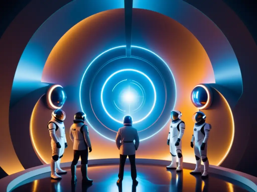 Exploración interdimensional: científicos frente al portal Un grupo de científicos contempla un portal interdimensional, rodeado de tecnología avanzada y energía pulsante