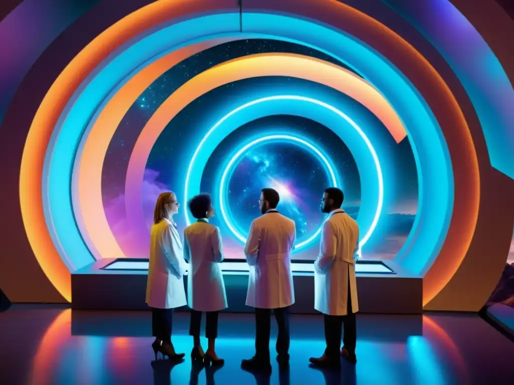 Explorando universos paralelos: ética y maravilla Grupo de científicos ante portal hacia universo paralelo, debaten sobre beneficiarse recursos universos paralelos