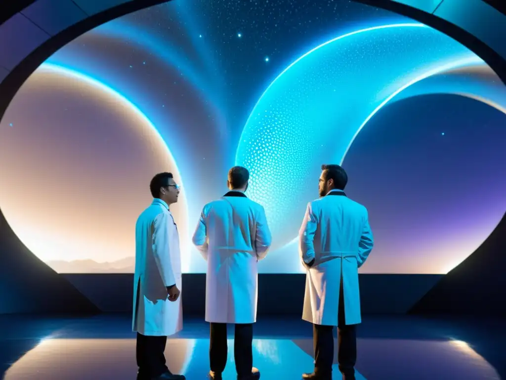 Descubriendo universos paralelos: debate ético entre científicos Grupo de científicos debaten responsabilidad ética en universos paralelos frente a un portal energético futurista con galaxias en su interior