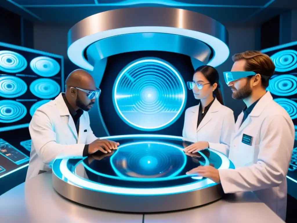 Explorando dimensiones: Científicos frente a portales holográficos Grupo de científicos analizando simulaciones de viajes interdimensionales prácticas en laboratorio futurista con portales y vortexes brillantes