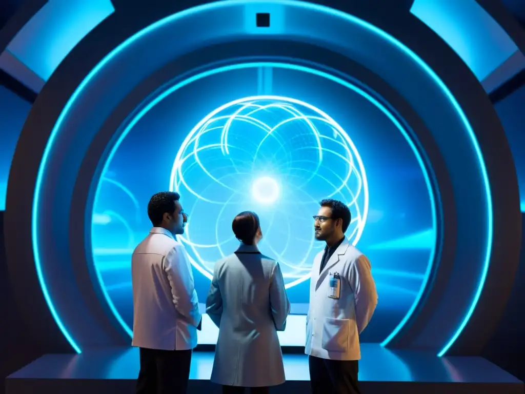 Descubriendo nuevos mundos: científicos frente al portal interdimensional Grupo de científicos analizan teorías científicas sobre viajes interdimensionales en laboratorio futurista con energía y símbolos brillantes