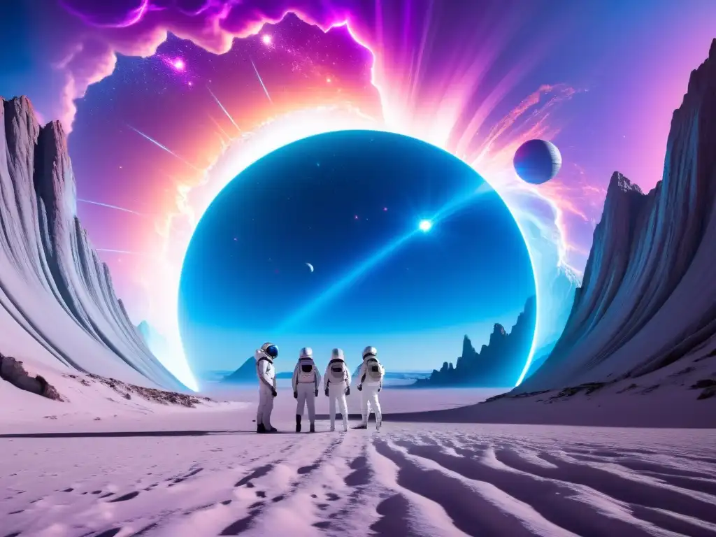 Exploración interdimensional: científicos frente a un portal alienígena Un grupo de científicos en trajes blancos futuristas estudian un portal masivo y brillante