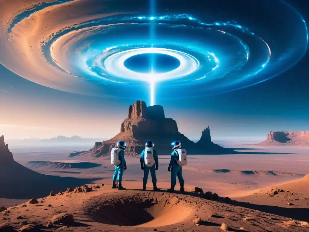 Exploración científica en el borde del wormhole Un grupo de científicos en trajes espaciales futuristas frente a un enorme agujero de gusano azul eléctrico, con un paisaje alienígena de fondo