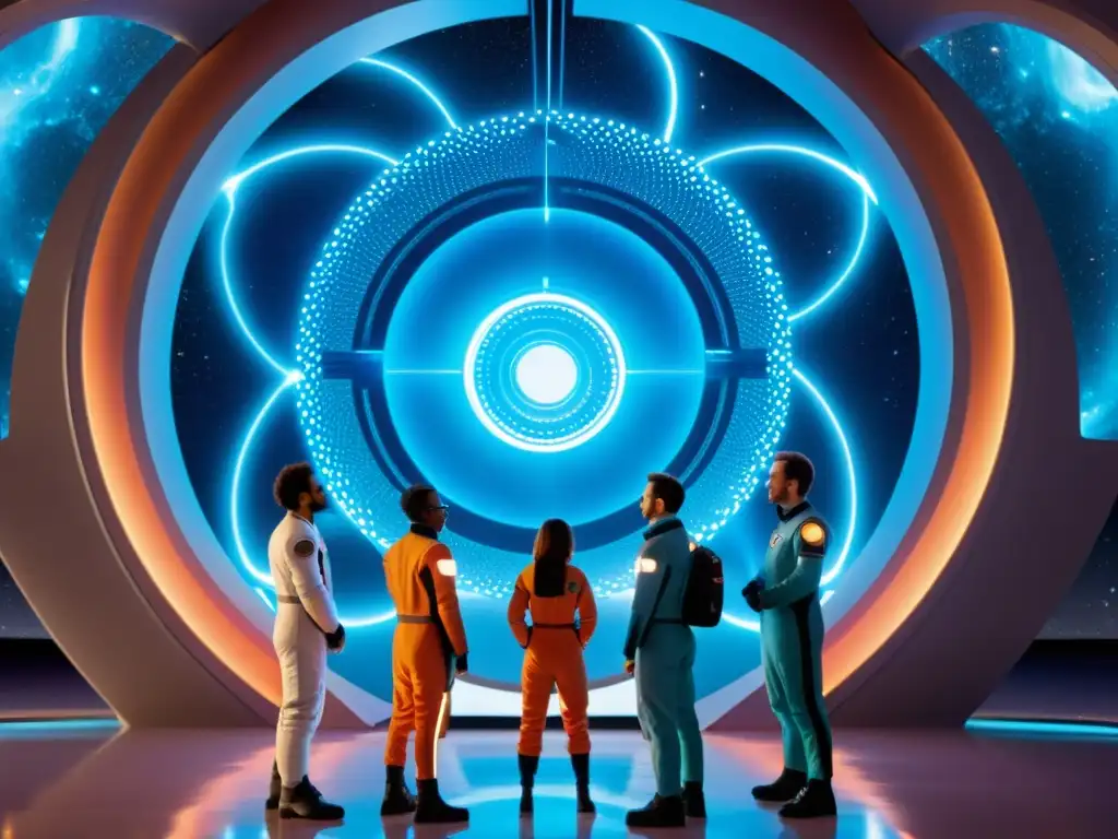 Exploración Cuántica: Viajeros del Cuarto Reino Un grupo de científicos en trajes espaciales futuristas frente a un portal de energía azul, listos para exploración viajes interdimensionales cronomecánica