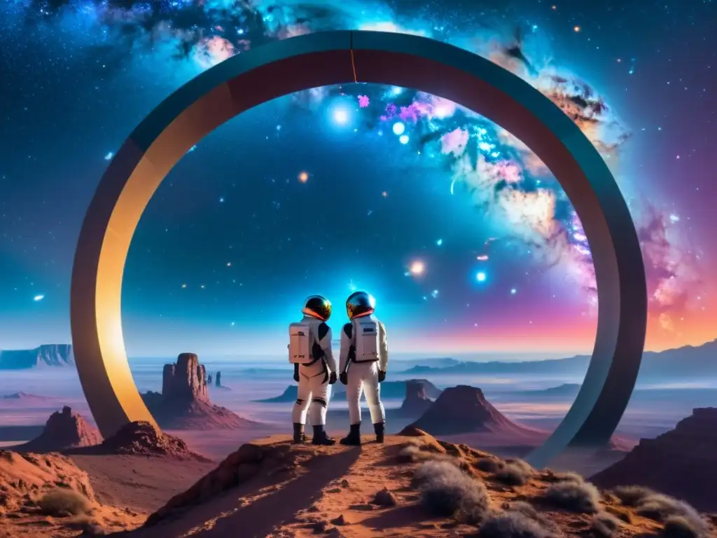 Explorando un Universo Paralelo: Científicos Contemplan Maravillas Cósmicas Un grupo de científicos en trajes espaciales futuristas observa con asombro un portal hacia un universo paralelo lleno de galaxias y nebulosas