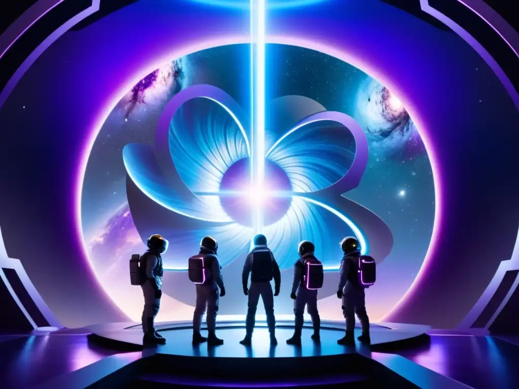 Exploración interdimensional: científicos frente al portal Un grupo de científicos en trajes espaciales futuristas se prepara para explorar universos paralelos a través de un portal masivo en medio de un paisaje alienígena y galaxias giratorias