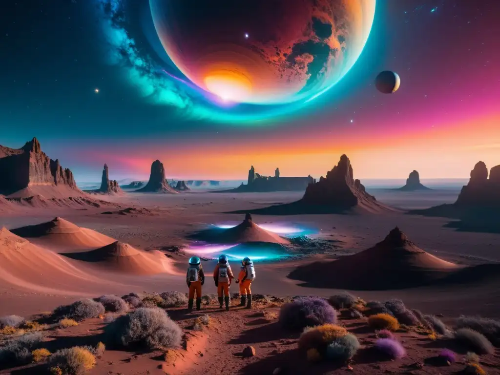 Un grupo de científicos en trajes espaciales realizan experimentos en un paisaje de cristales iridiscentes y energía interdimensional