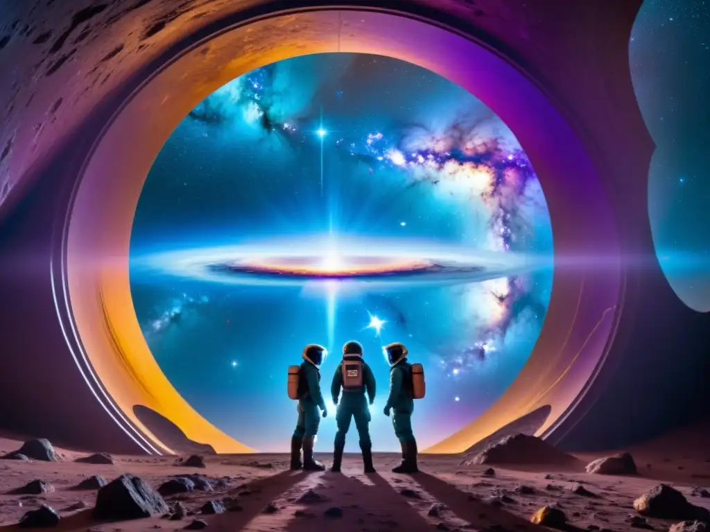Descubrimientos interdimensionales: científicos ante un portal cósmico Grupo de científicos en trajes espaciales frente a un portal interdimensional, con galaxias y nebulosas