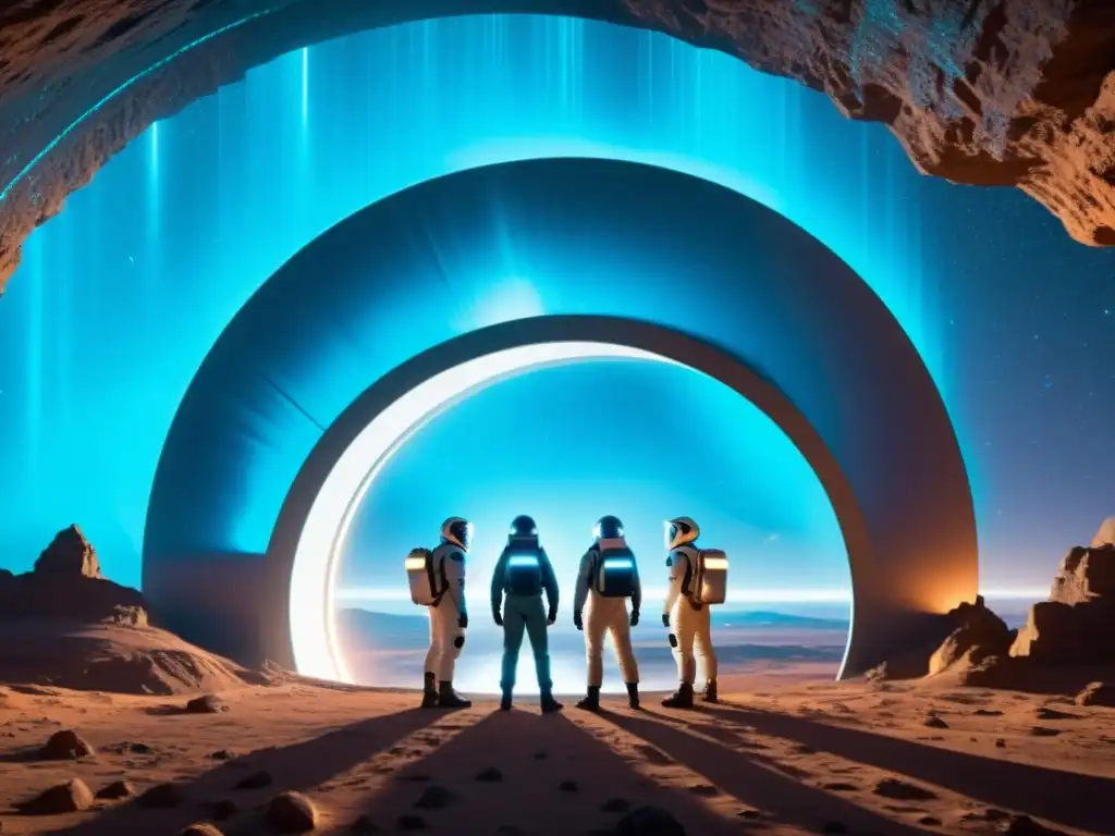 Exploradores interdimensionales frente al portal Un grupo de científicos en trajes espaciales futuristas se prepara para cruzar un portal interdimensional, con un paisaje misterioso al otro lado