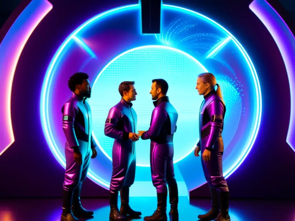 Exploración interdimensional: científicos frente a un portal energético Un grupo de científicos en trajes espaciales futuristas discuten frente a un portal brillante, rodeados de tecnología avanzada e energía misteriosa