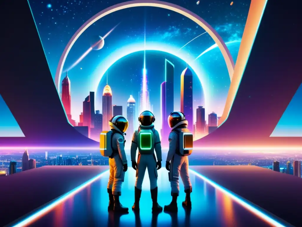 Descubriendo la ciudad paralela: debate científico Un grupo de científicos en trajes espaciales futuristas debate ética en desplazamientos interdimensionales, frente a un portal hacia una ciudad vibrante en un universo paralelo