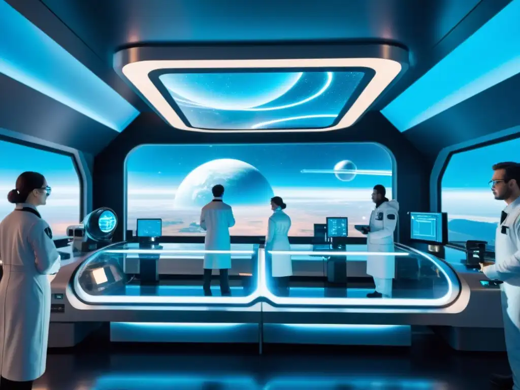 Exploración científica en laboratorio futurista Un grupo de científicos en trajes espaciales futuristas realizando experimentos en un laboratorio de alta tecnología