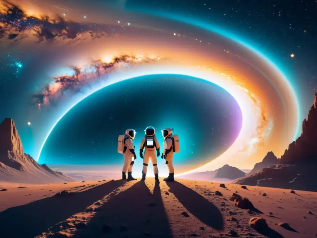 Exploración interdimensional: científicos junto a un portal vibrante Un grupo de científicos en trajes espaciales futuristas frente a un deslumbrante portal con colores giratorios y energía chisporroteando alrededor