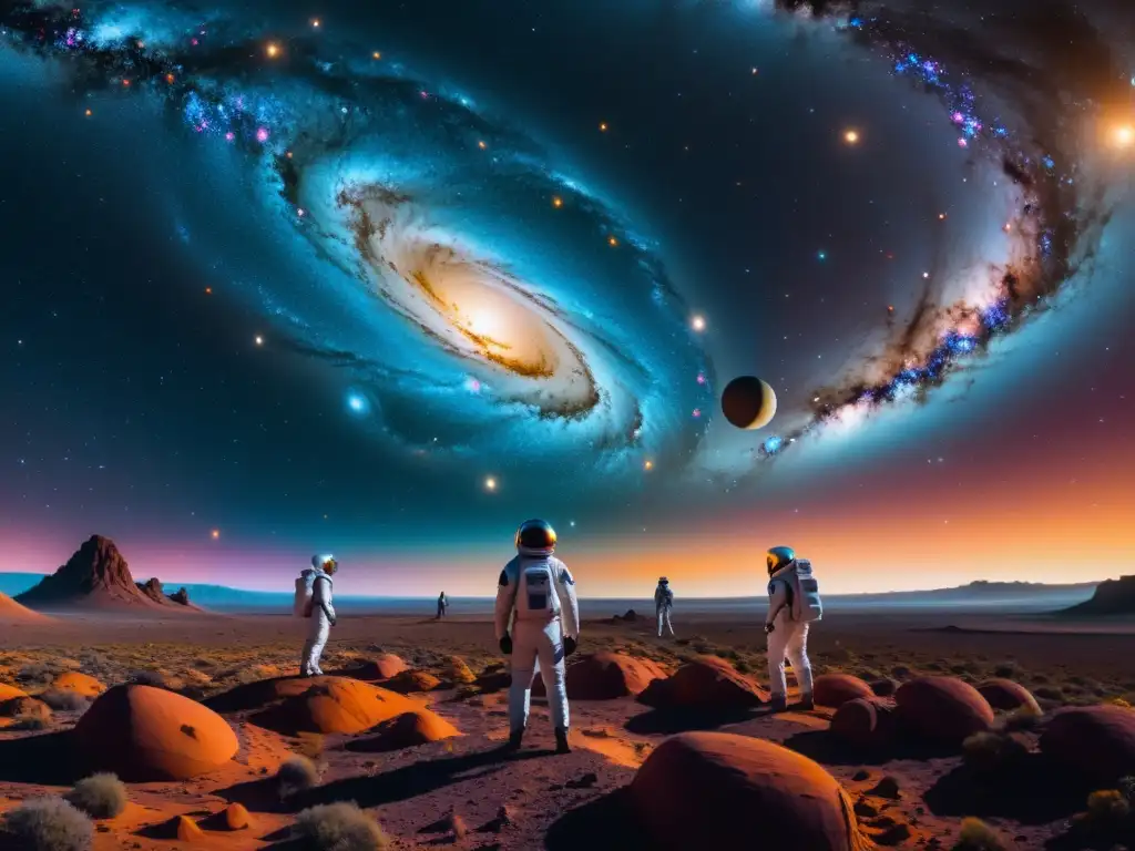 Explorando el Multiverso: Deslumbrante 8k Grupo de científicos en trajes espaciales futuristas estudia las misterios del multiverso, evocando los desafíos de la Física Moderna en Multiversos