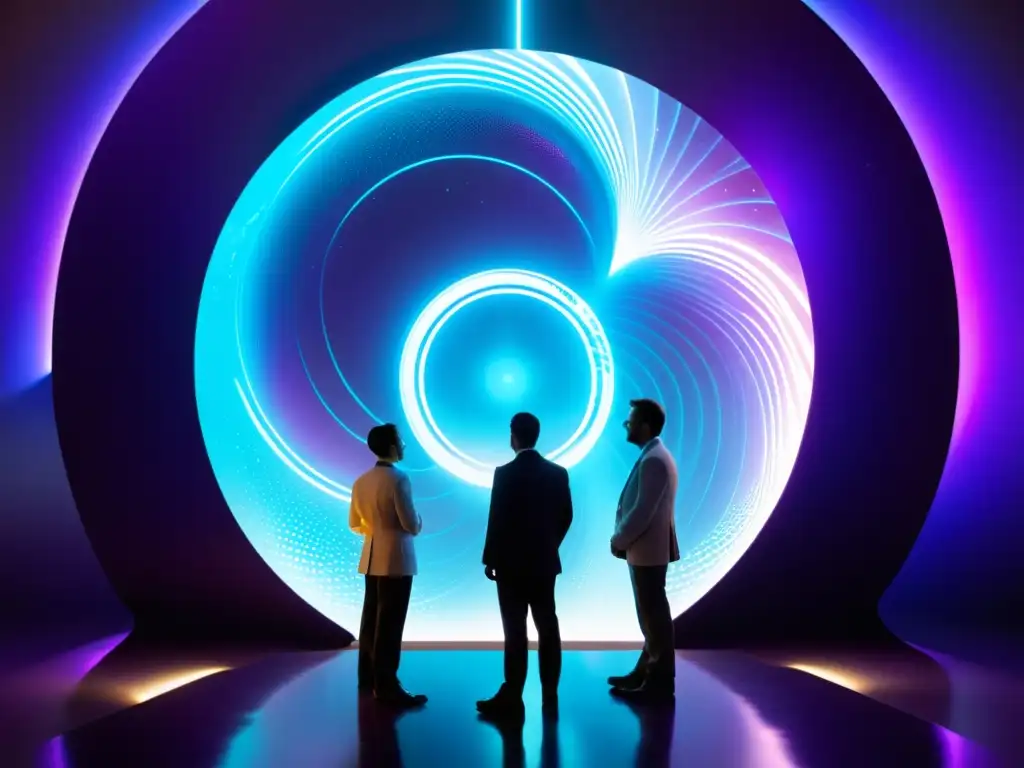 Exploración Interdimensional: Científicos frente al portal de energía Grupo de científicos en trajes futuristas frente a un portal interdimensional, listos para viajes interdimensionales prácticos