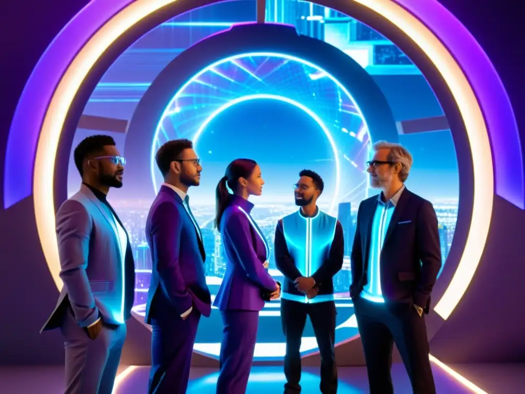 Exploración interdimensional: científicos frente al portal Un grupo de científicos en trajes futuristas junto a un portal brillante, rodeados de tecnología avanzada y una ciudad futurista