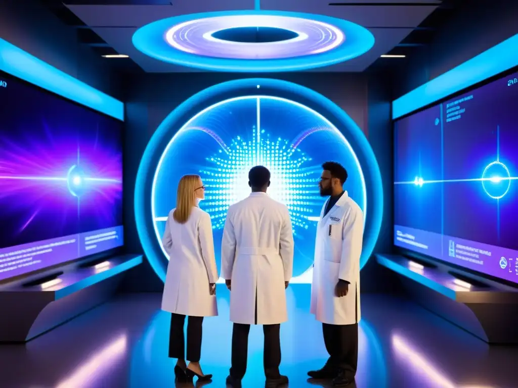 Portal interdimensional: científicos en laboratorio futurista Un grupo de científicos se prepara para viajar a través de un portal interdimensional, rodeados de tecnología avanzada y dilemas éticos