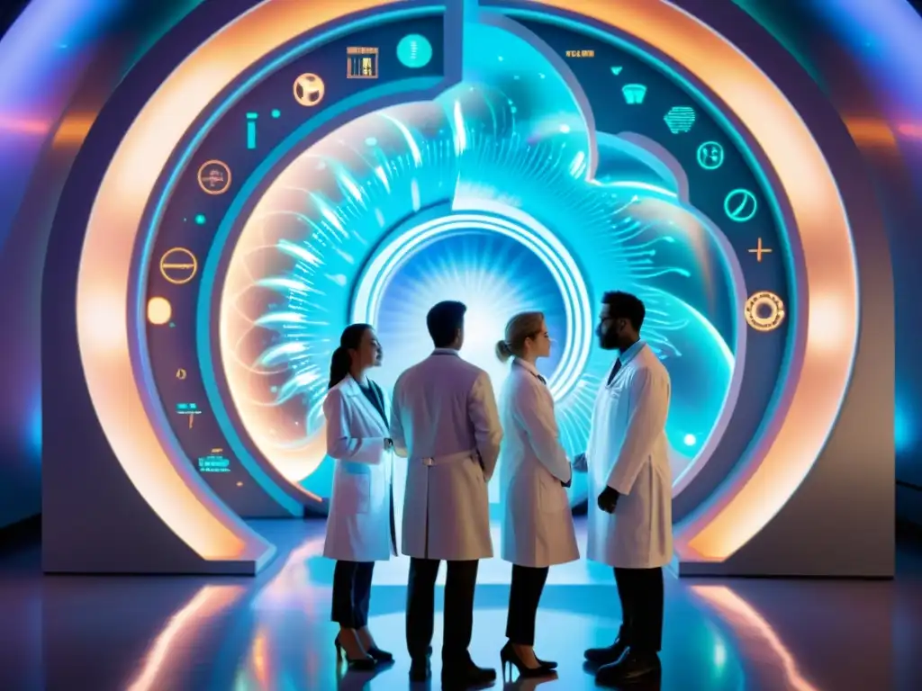 Portal interdimensional: científicos preparándose para el viaje Un grupo de científicos se prepara para viajes interdimensionales, rodeados de tecnología de vanguardia y un portal iridiscente