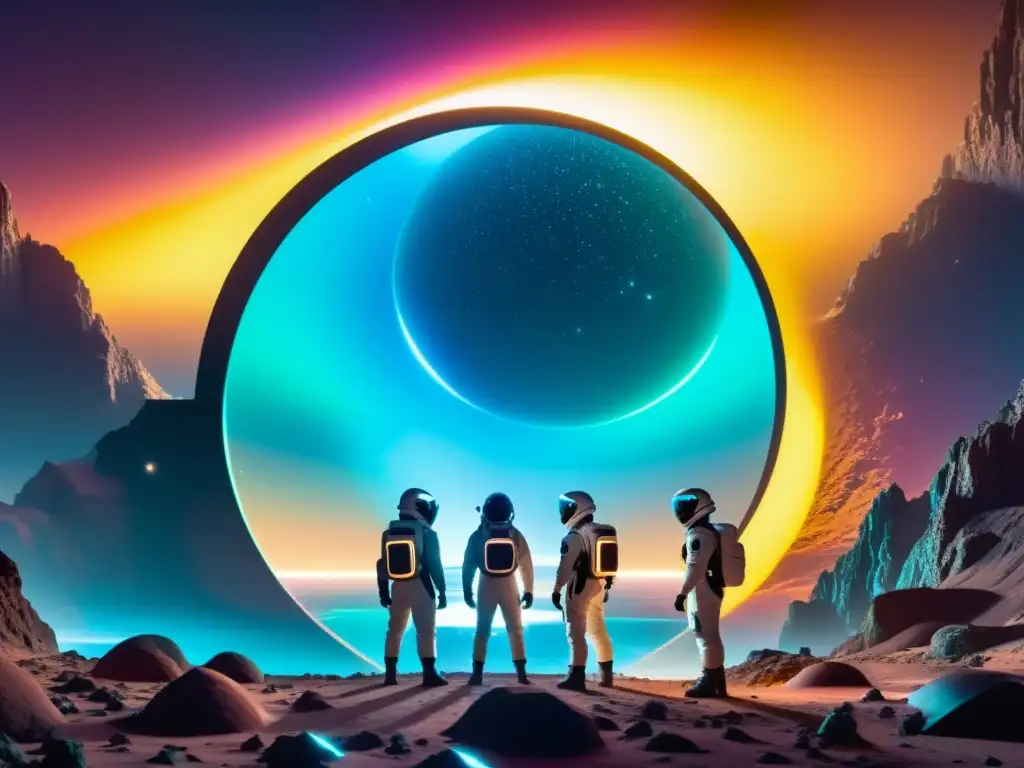 Exploración interdimensional: científicos frente al portal Grupo de científicos preparándose para viajes interdimensionales a realidades ocultas, frente a un portal iridiscente