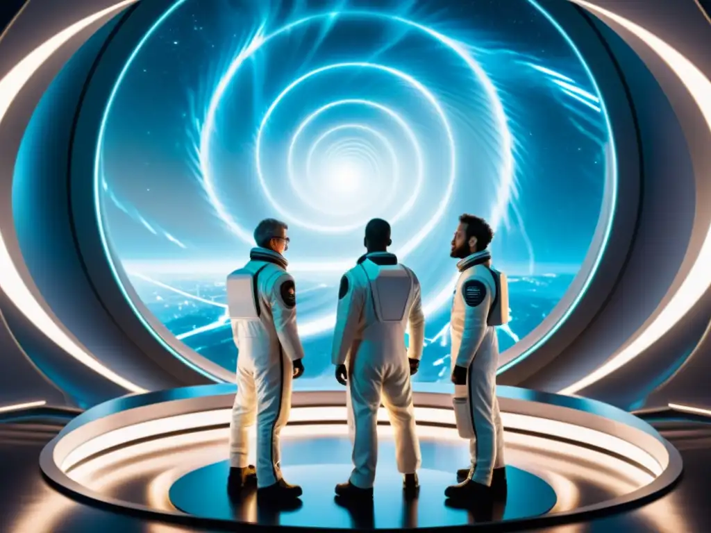 Exploradores del futuro enfrentan la realidad distorsionada Grupo de científicos observa con determinación un vórtice de energía, transmitiendo una sensación de ética en la preservación dimensional