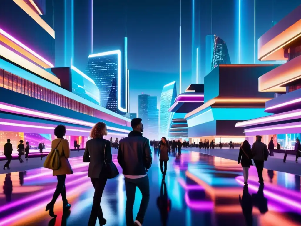 Explorando Universos Paralelos en la Ciudad Futurista Grupo pasea por ciudad futurista con universos paralelos