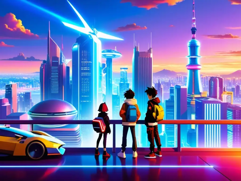 Explorando la metrópolis futurista: Digimon maravillados Un grupo de Digimon contempla asombrado una ciudad futurista, con rascacielos y vehículos voladores