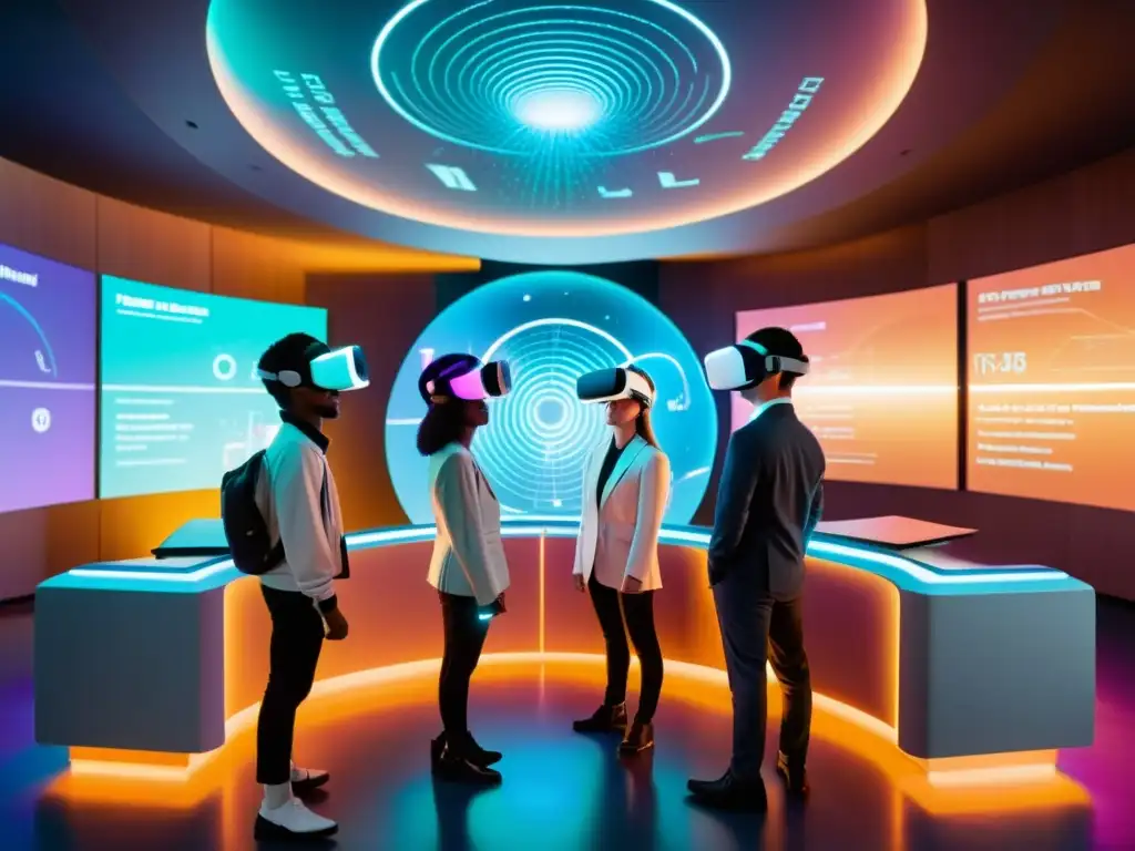 Estudiantes explorando dimensiones paralelas en realidad virtual Grupo de estudiantes y maestro en un viaje interdimensional, rodeados de hologramas y colores, con trajes futuristas y auriculares de realidad virtual