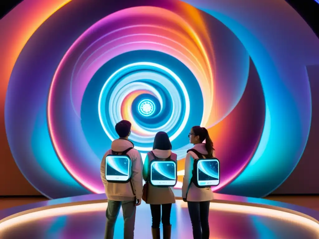 Exploración interdimensional: Estudiantes ante un portal cósmico Un grupo de estudiantes con trajes espaciales futuristas y equipo científico avanzado frente a un vórtice interdimensional colorido