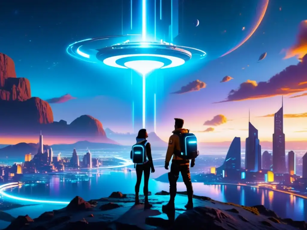 Exploradores en ciudad futurista entre dimensiones Grupo de exploradores contempla ciudad futurista sobre plataformas interconectadas, con paisaje vibrante y portales interdimensionales