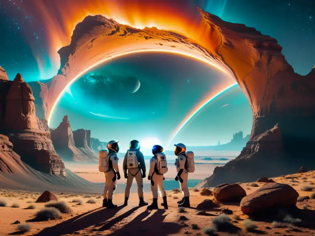 Portales interdimensionales: Exploradores en el límite Un grupo de exploradores frente a un portal iridiscente en un paisaje alienígena, evocando la Teoría Holográfica Universo Viajes Interdimensionales