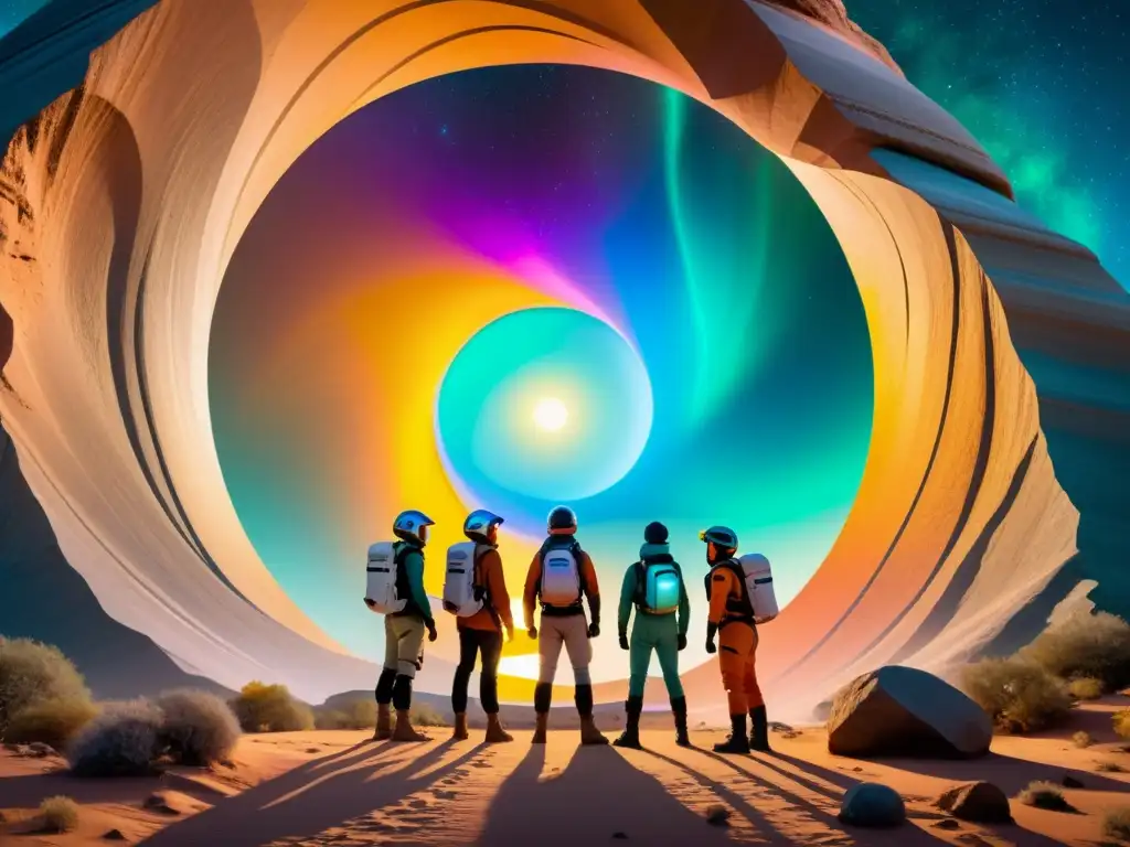 Portal a lo Desconocido: Exploradores ante el Umbral Un grupo de exploradores frente a un portal multicolor, mostrando asombro y temor antes de embarcarse en un viaje interdimensional
