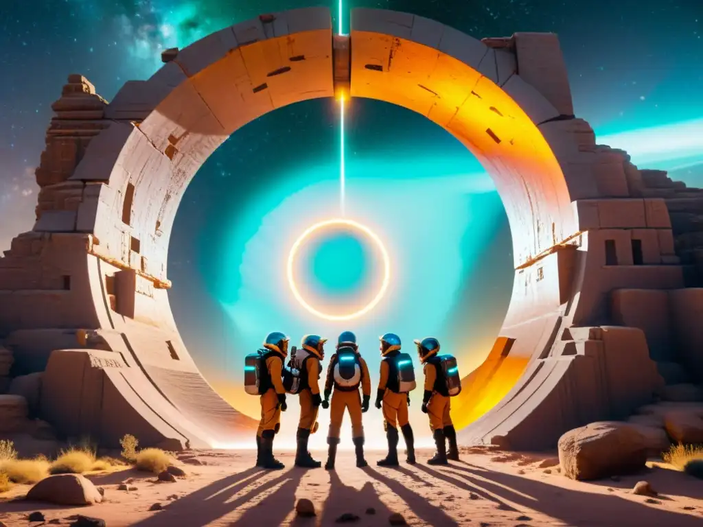 Exploradores ante un portal interdimensional, uniendo pasado y futuro Un grupo de exploradores frente a un portal brillante con colores giratorios y luz en el centro, rodeado de ruinas antiguas y tecnología futurista