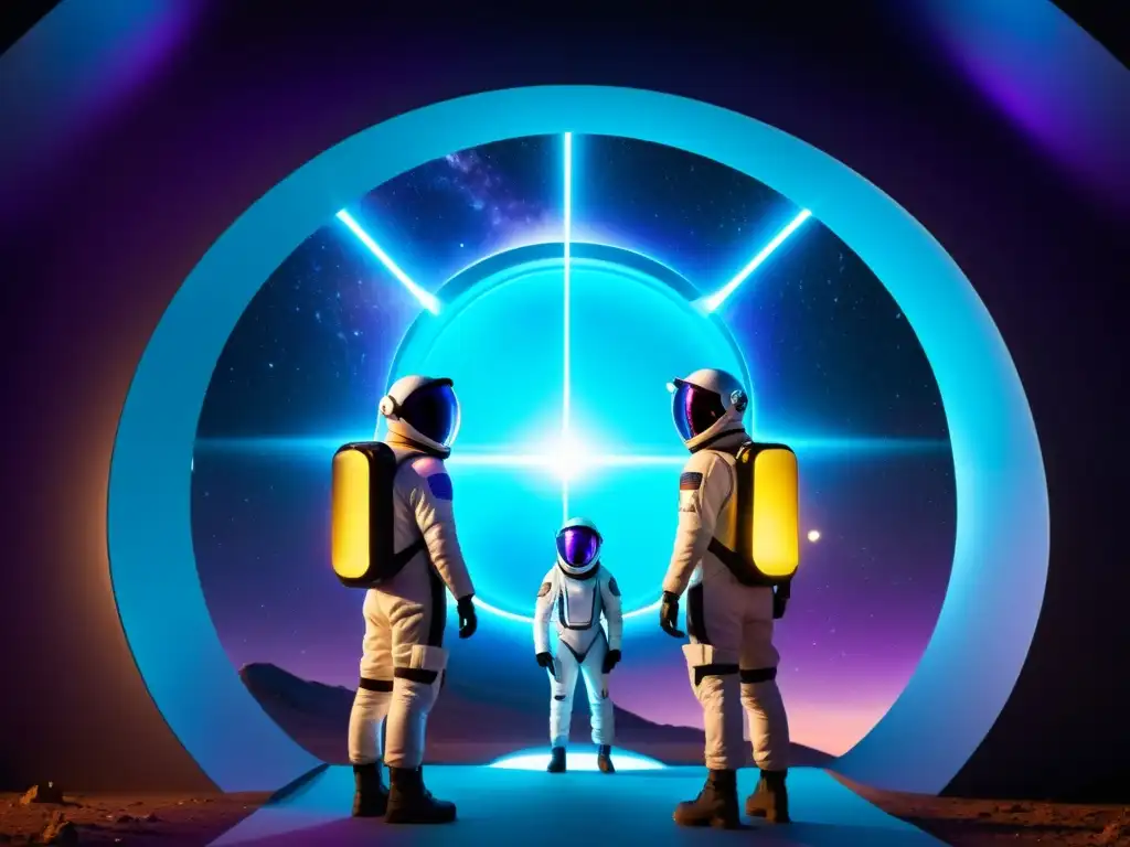 Exploradores del Portal Dimensional: Descubriendo lo Desconocido Grupo de exploradores frente a portal dimensional, listos para el reto sociológico mundos paralelos