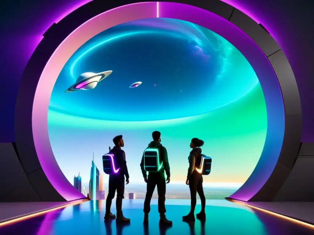 Portal hacia el futuro: exploradores en el borde del misterio Grupo de exploradores frente a un portal brillante con destellos de colores, listos para viajes interdimensionales en Firefly