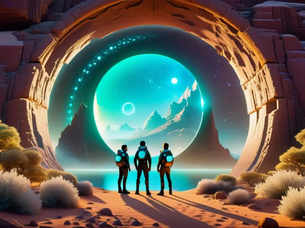 Portal interdimensional: Descubriendo mundos alienígenas Grupo de exploradores frente a un portal interdimensional, con trajes hightech y símbolos luminosos