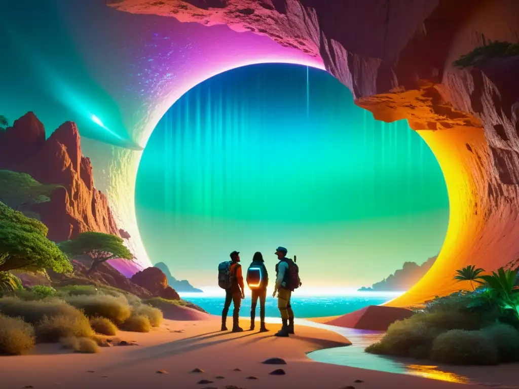 Exploradores frente al portal hacia un mundo exótico y vibrante Un grupo de exploradores se prepara para impacto viajes interdimensionales en sociedad, frente a un portal brillante hacia un mundo exótico y colorido