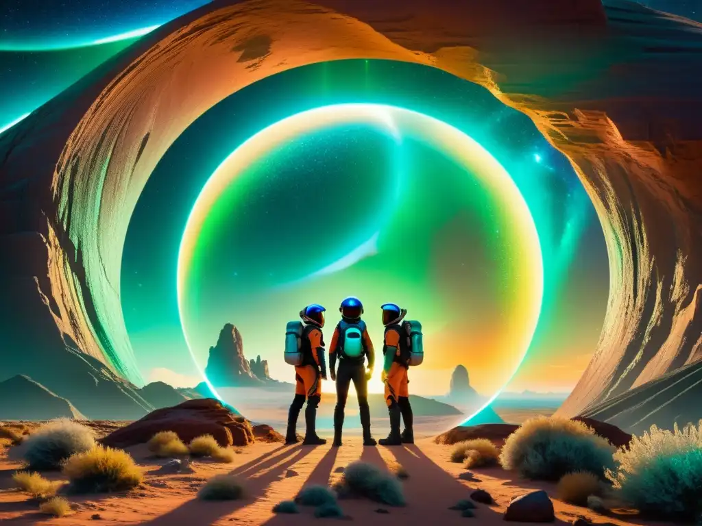 Exploradores listos para cruzar un portal hacia lo desconocido Grupo de exploradores listos para viajes interdimensionales, frente a un portal vibrante y misterioso, con equipamiento futurista